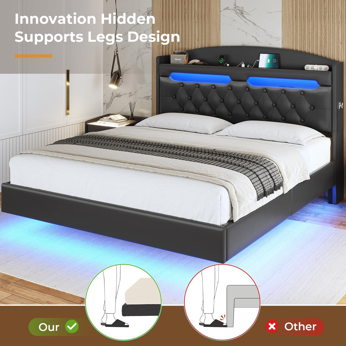 Modern ADORNEVE Floating Full Bed Frame with LED Lights, Hidden Storage & Charging Station ADORNEVE