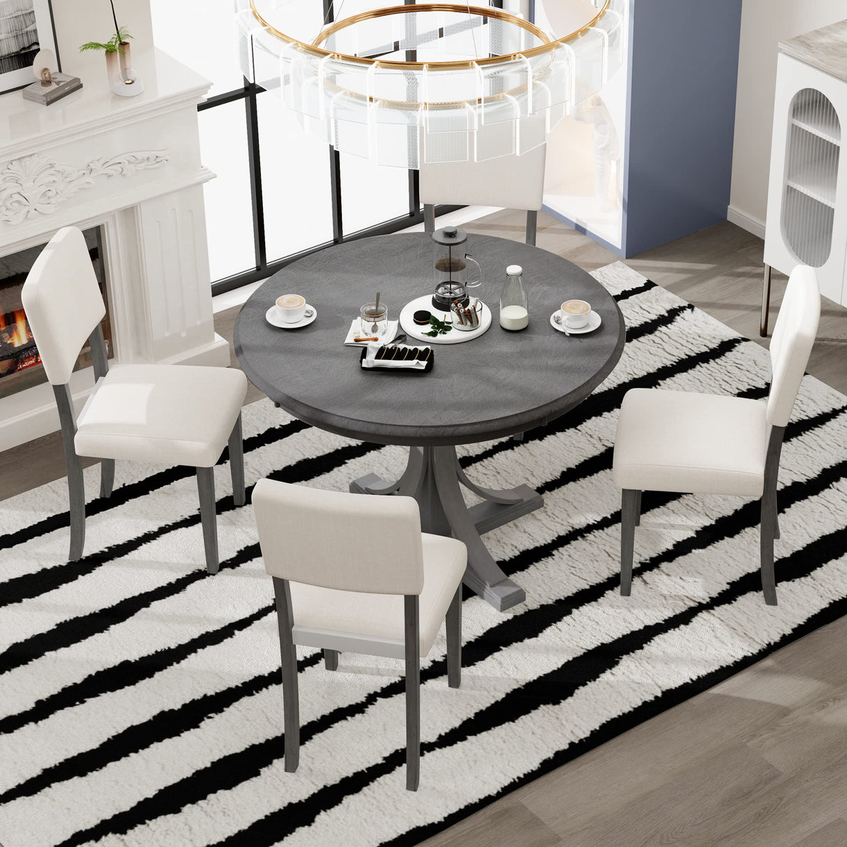 Harper & Bright Designs 5-Piece Round Dining Table Set for 4 People,Wooden Kitchen Furniture Set with 4 Upholstered Chairs, Retro Dining Table Chairs Set for Kitchen, Dinning Room (Dark Gray) Harper & Bright Designs