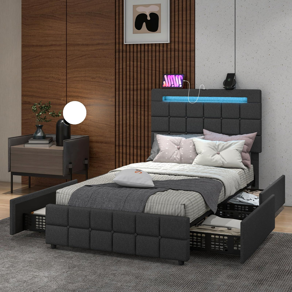Giantex Twin Bed Frame with LED Lights and 4 Drawers, Upholstered Platform Bed Frame with USB Ports, Tufted Adjustable Headboard Design, Solid Wooden Slat Support, No Box Spring Needed Giantex