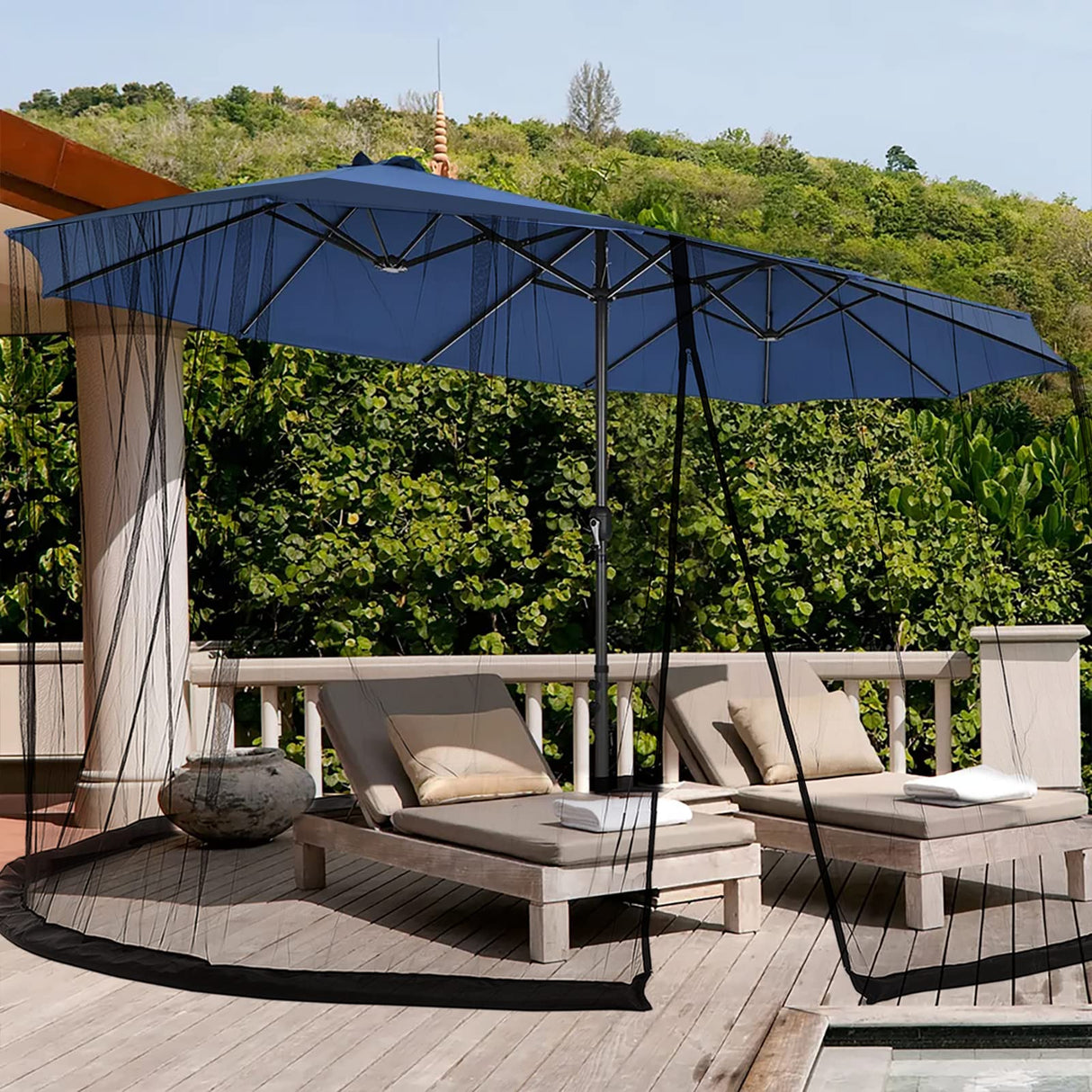 DOOSARG Umbrella Netting for Outdoor Umbrellas, Patio Umbrella Mosquito Netting for 15FT Double-Sided Umbrella, with Double Zipper Door and Adjustable Rope, (Black) (15FT) DOOSARG