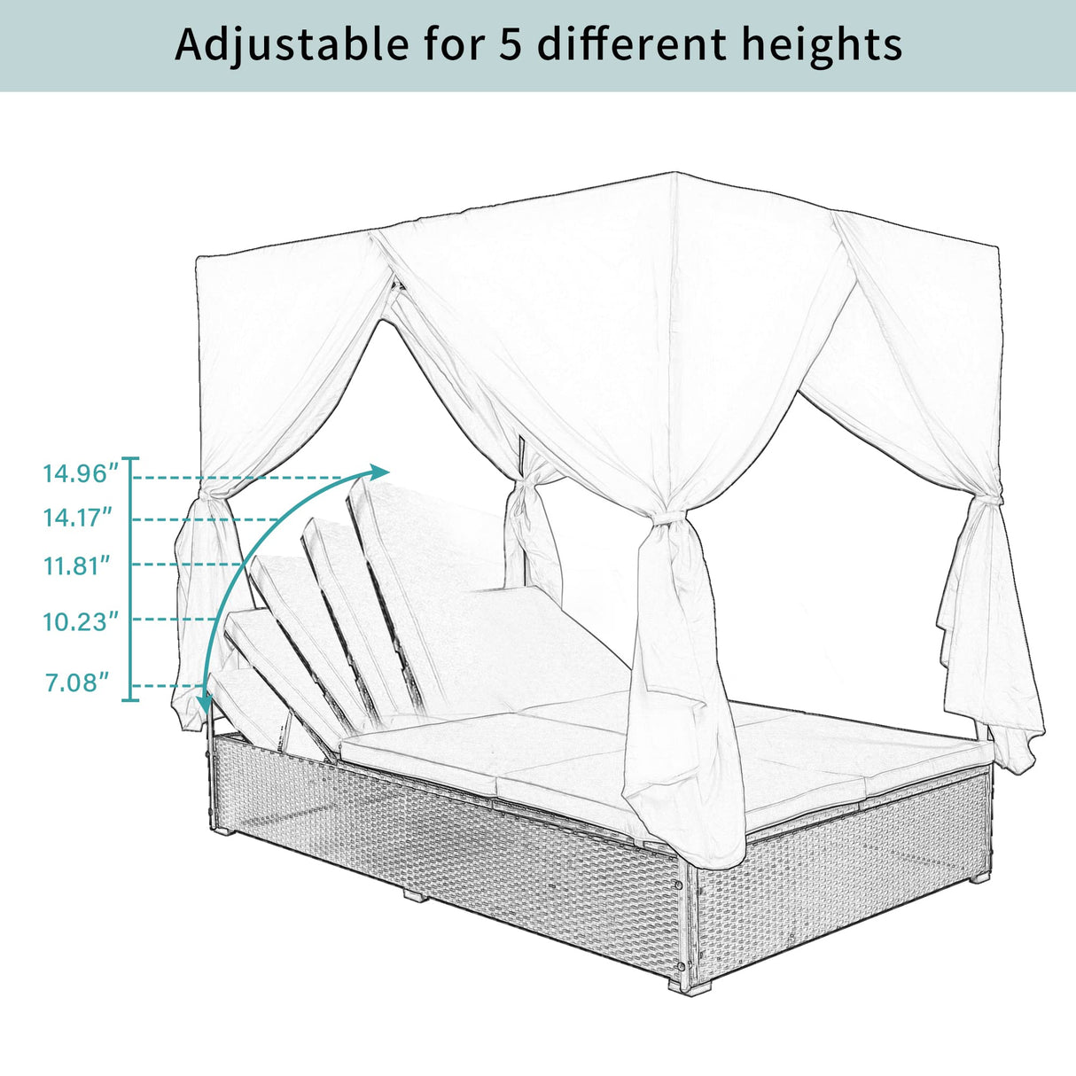 Patio Chaise Lounge, PE Rattan Outdoor Patio Wicker Sunbed Daybed with Adjustable Seats, Four-sided Canopy, Overhead Curtain and Blue Cushions for Backyard, Garden, Poolside (for 2-6 people) Harper & Bright Designs