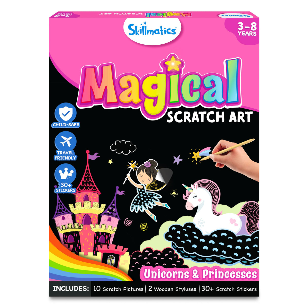 Skillmatics Scratch Art Book for Kids - Unicorns & Princesses, Craft Kits & Supplies, 30+ Scratch Stickers, Travel Toys, DIY Kit, Gifts for Girls & Boys Ages 3, 4, 5, 6, 7, 8 Skillmatics