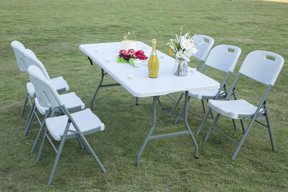 Lakhow Folding Table 6ft Plastic Folding Table Indoor & Outdoor for Picnic, Camping,BBQ and Party, with Powder Coated Steel Legs and Built in Carry Handle, White Lakhow