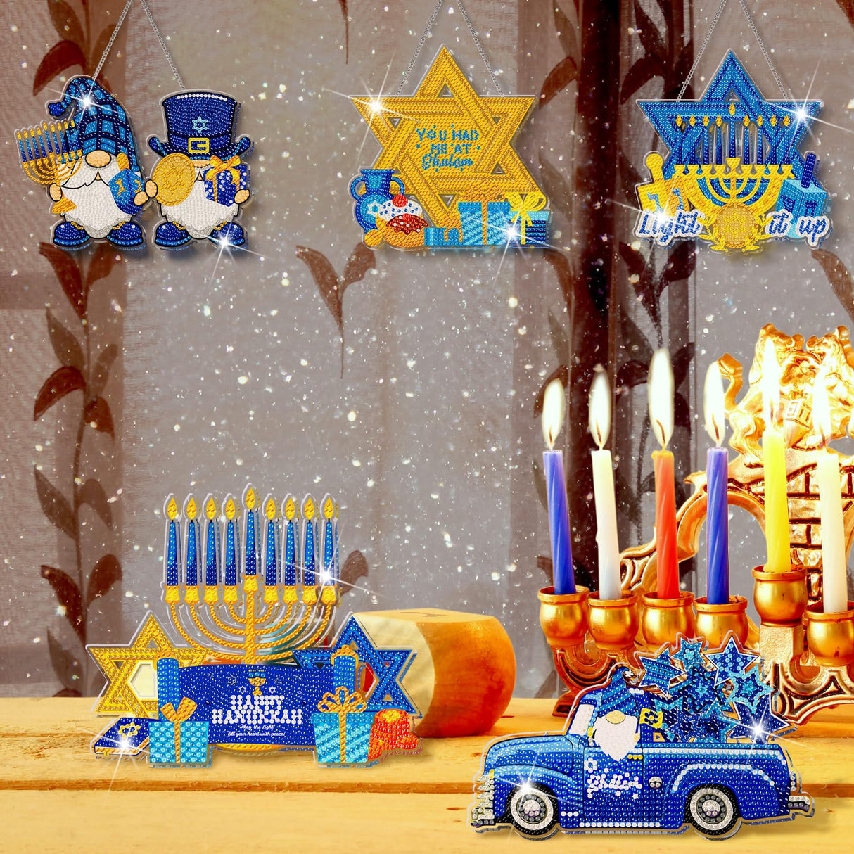 Zonon 6 Pcs Hanukkah Diamond Art Painting Hanging Sign Set Hanukkah Star Diamond Art Adults 5d DIY Craft Acrylic Pendant Ornaments Kits for Home Wall Door Window Decor Zonon