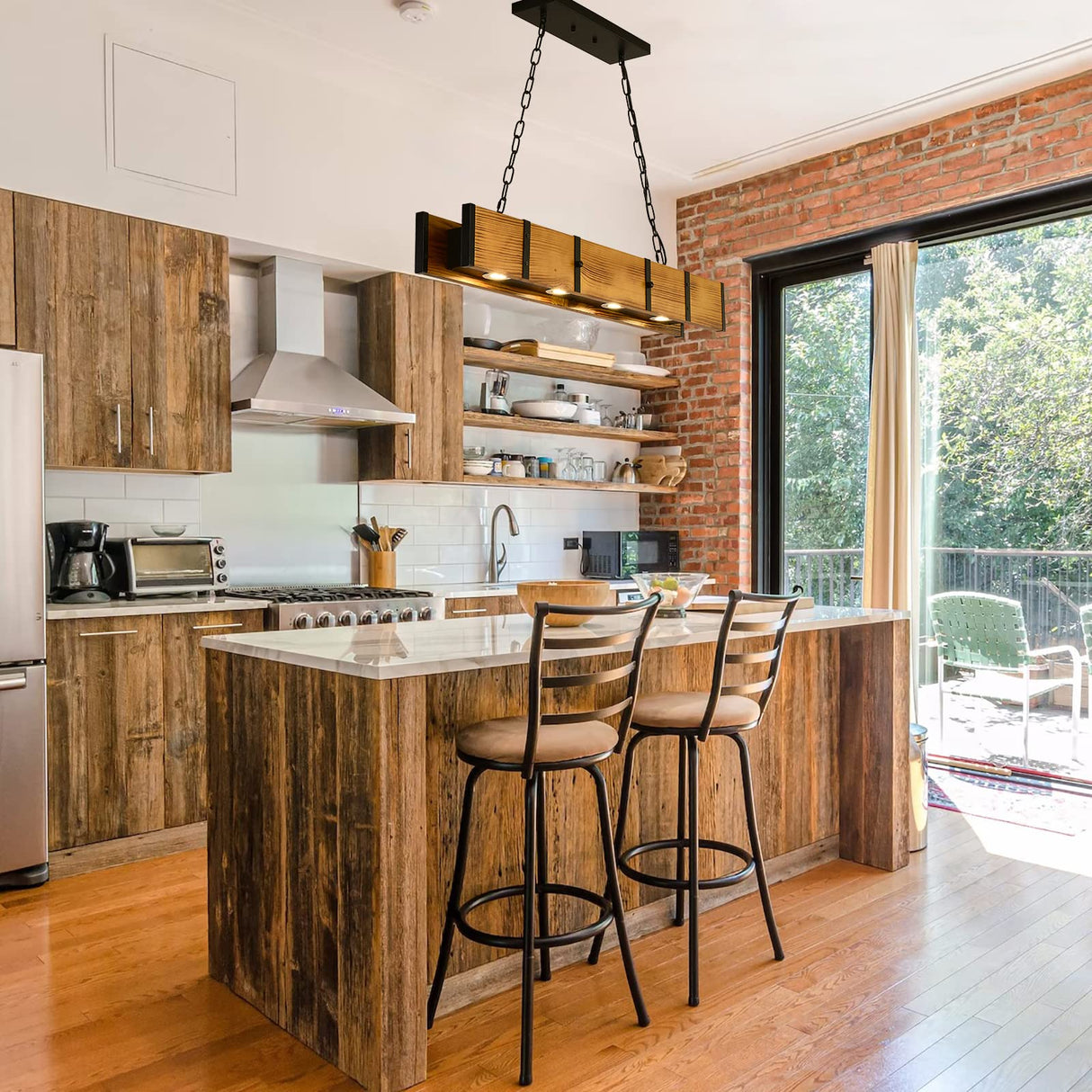 Rustic Wood Chandeliers, Wood Pendant Lighting with 4x5w LED 3 Color Change Light, Farmhouse Rectangle Dining Room Chandelier Industrial Hanging Light for Kitchen Island Pool Table TEINIE