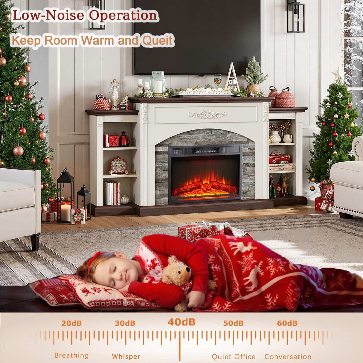 72" Electric Fireplace with Mantel, White TV Stand for TVs Up to 80 Inch, Farmhouse Entertainment Center with Storage for Bedroom,23'' Fireplace Insert Heater for Living Room BOSHIRO