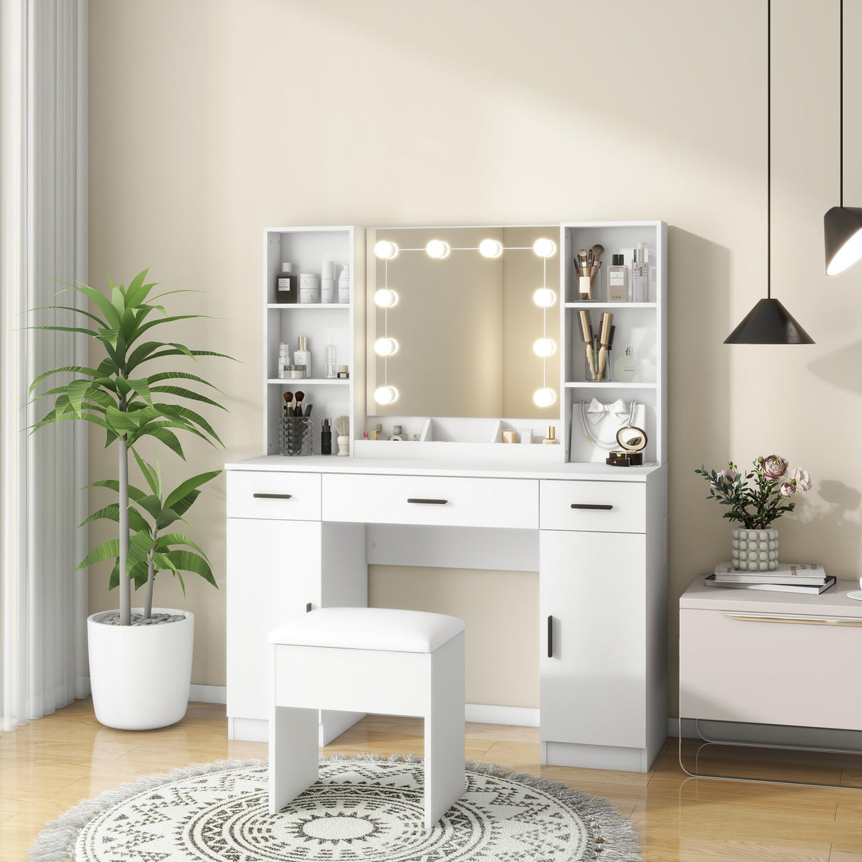 Vanity Desk, Makeup Table with Lights Vanity Set with 3 Drawers, 1 Cabinet & 6 Shelves 3 Lighting Modes Brightness Adjustable Dressing Table with Cushioned Stool for Bedroom, Dressing Room (White) Panana