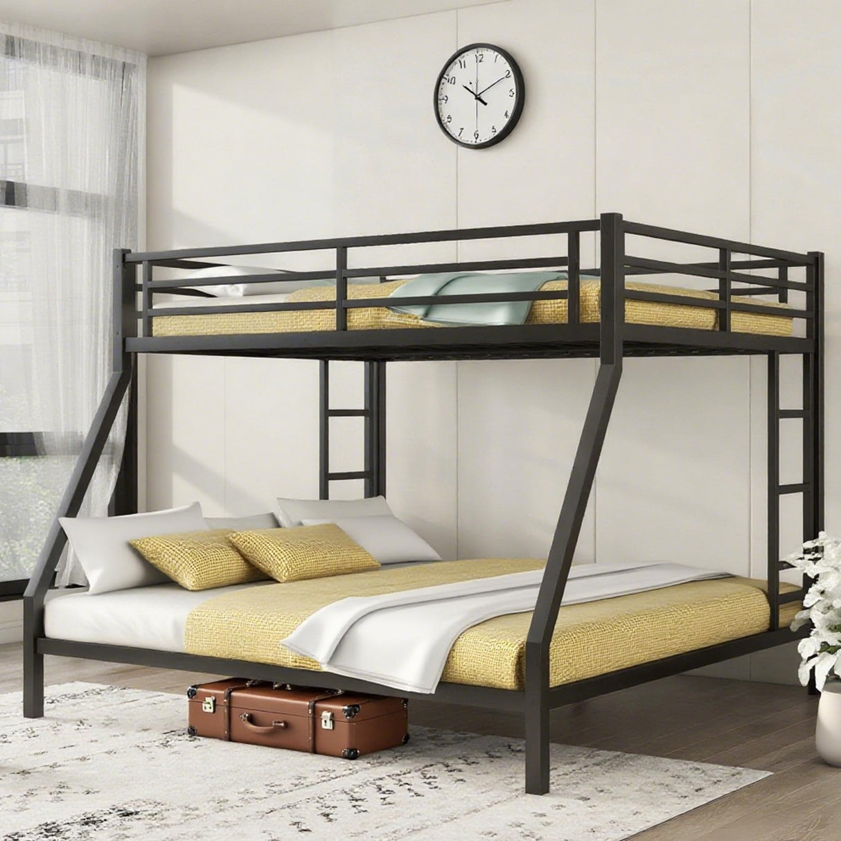 Bellemave Metal Queen Over King Bunk Bed for Adults/Kids,Heavy Duty Adults Bunk Beds with Guardrail & Ladders,Queen Over King Size Bunk Beds for Teens,Black Bellemave