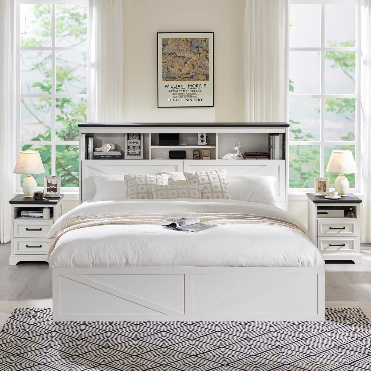 ACCOHOHO Luxury White King Size Farmhouse Wood Bed Frame with 52" Storage Headboard, LED Light, Charging Station & 4 Drawers ACCOHOHO