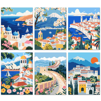 Bougimal 6 Pack Paint by Numbers Kit for Adults Beginners, 12" W x 16" L Scenery-Cityscape DIY Acrylic Paint Set on Canvas Without Frame in Box, Adults Kids Paint by Numbers Kits for Home Wall Decor