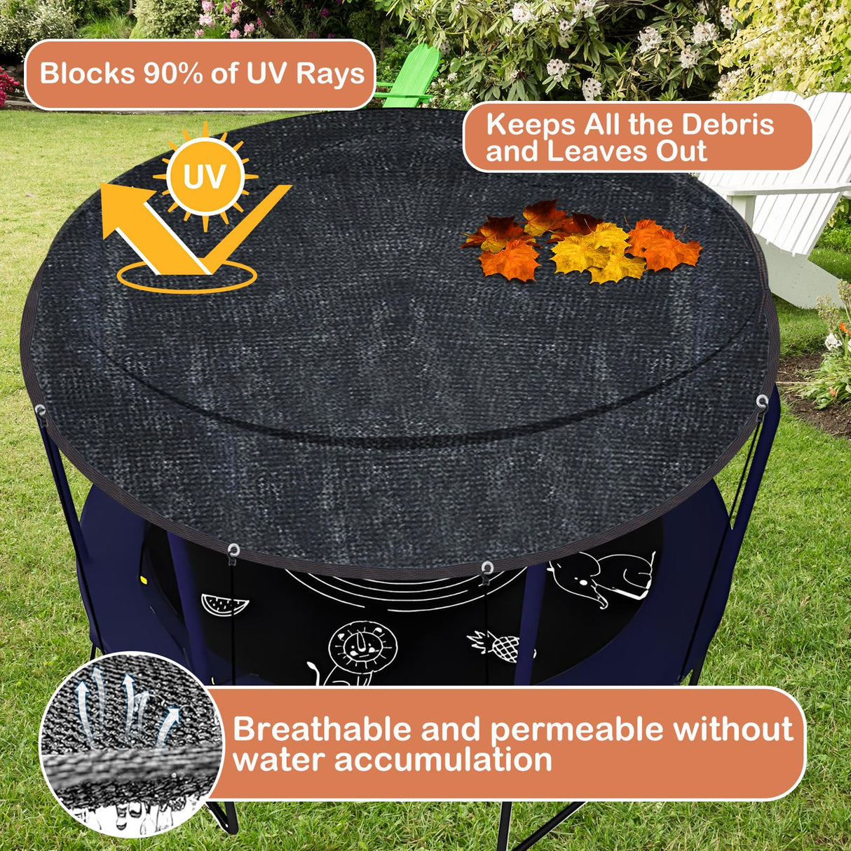 Trampoline Cover Round 12 Holes 90% Sunblock Shade Cloth 14FT Black Trampoline Top Shade Cover Sun Shade Mesh Tarp with 49FT Elastic Cord & 24 Plastic Hooks for Outdoor Backyard Playground(Tent Only) Voccos