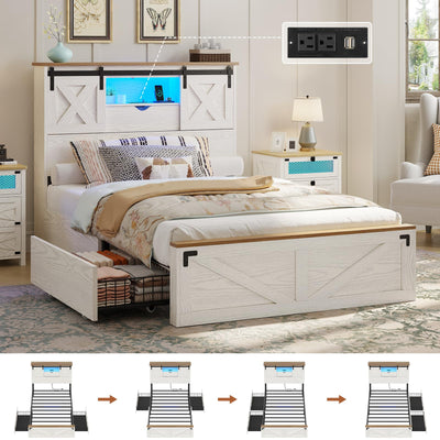 Hasuit Farmhouse Bed Frame Twin Size with 2 Storage Drawers, Wooden Platform Twin Bed with LED Lights and Charging Station, Rustic Accent Headboard with Sliding Barn Door Storage Cabinets