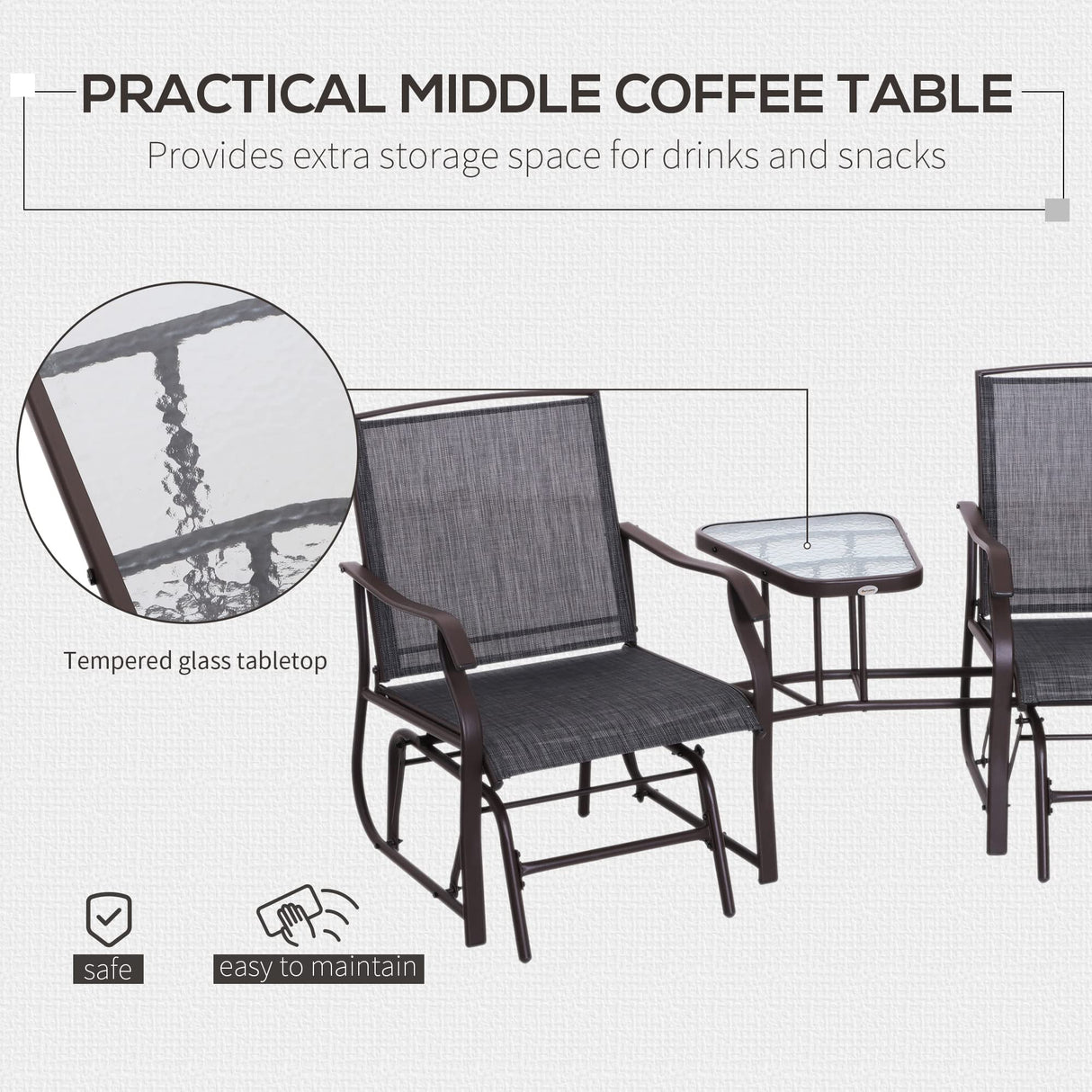 Outsunny Outdoor Glider Chairs with Coffee Table, Patio 2-Seat Rocking Chair Swing Loveseat with Breathable Sling for Backyard, Garden, and Porch, Gray Outsunny