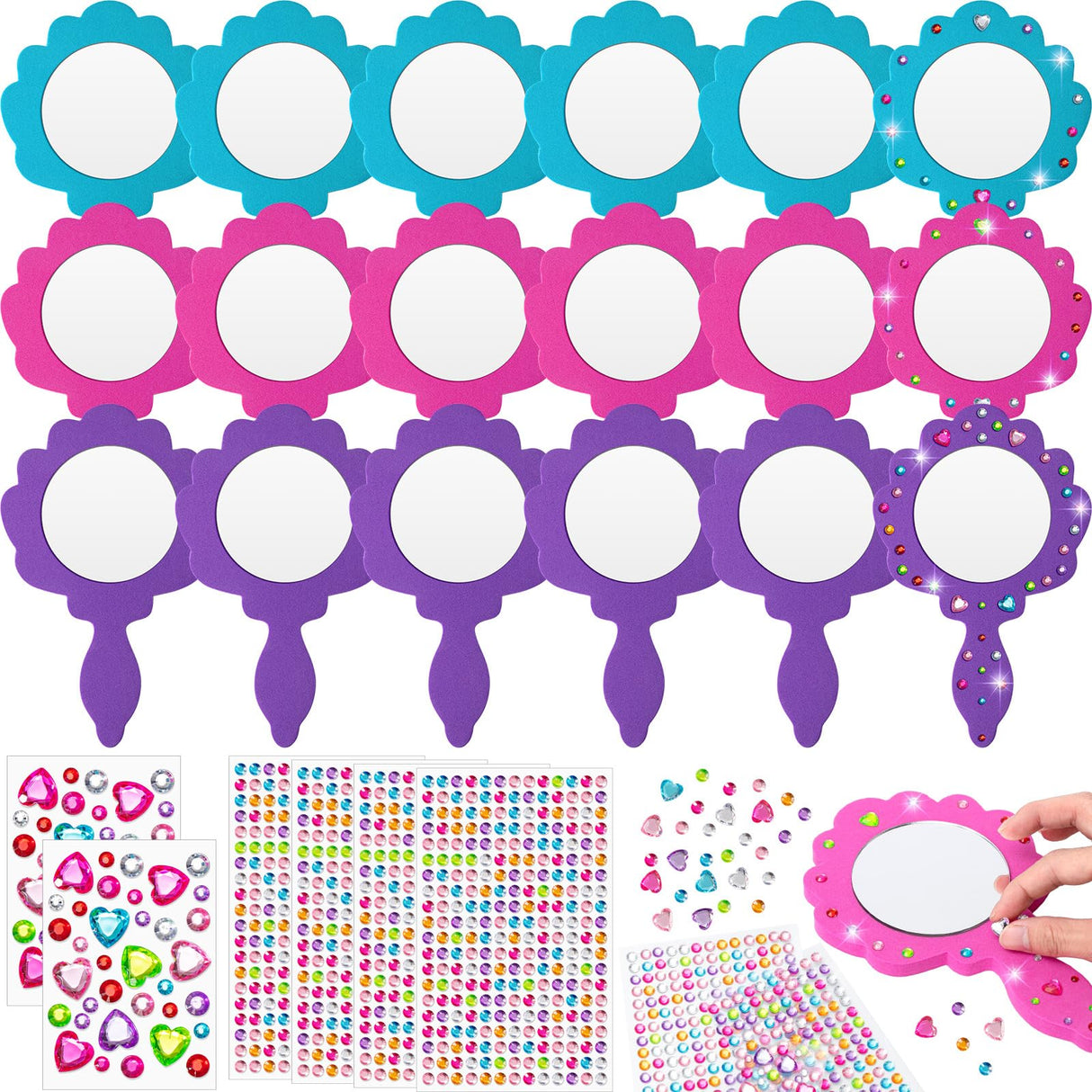 Geetery 20 Pcs Unbreakable Kids Mirror DIY Decorate Your Own Princess Mirror Mermaid Foam Small Crafts Princess Party Decorations(Pink, Purple, Turquoise) Geetery