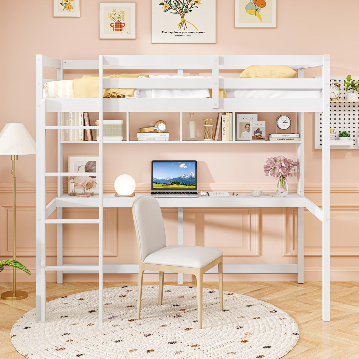 Giantex Twin Loft Bed with Desk & Bookcase, Solid Wood Loft Bed Frame w/Safety Guardrails & Ladder, Space-Saving Twin Size Bed Frame with Storage for Home Dorm Apartment, No Box Spring Needed, White Giantex