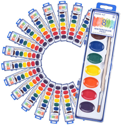 8-Color Watercolor Paint Set for Kids, 24 Pack Washable Water Color Paints, Non-Toxic Watercolors for Classroom, Parties and Art Activities (Paintbrush Included)