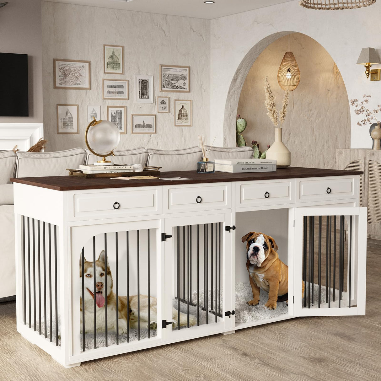 86.6" Double Dog Crate Furniture with 4 Drawers,Indoor Wooden Dog Kennel Furniture for 2 Large Breed Dogs with Divider,Heavy Duty Dog Crate Furniture TV Stand for Large Medium Dogs,White Niopatio