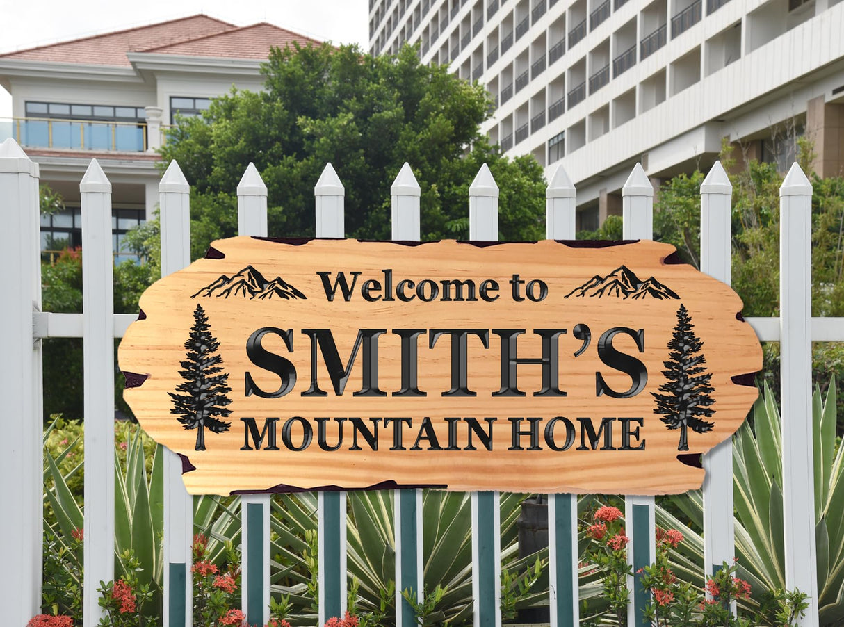 Personalized Cabin Sign - Rustic Wood Welcome Sign for Outdoor, Home Wall Decor,Farmhouse Decor, Custom Backyard Sign,Carved wood sign.3D Carving Wood Sign. EXUNART