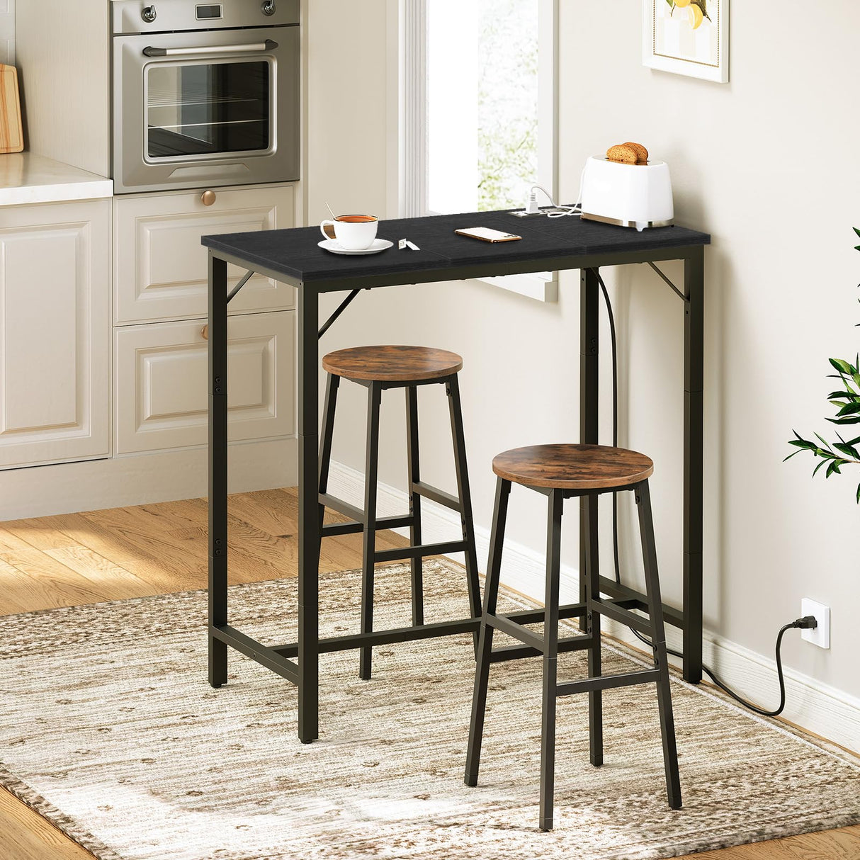 HOOBRO Bar Table with Charging Station, Rectangular Pub Table, High Top Coffee Table, Counter Bar Height Table, Narrow Long Dining Table, 35.4" L x 15.7" W x 35.6" H, Black BB90UBT01N1 HOOBRO