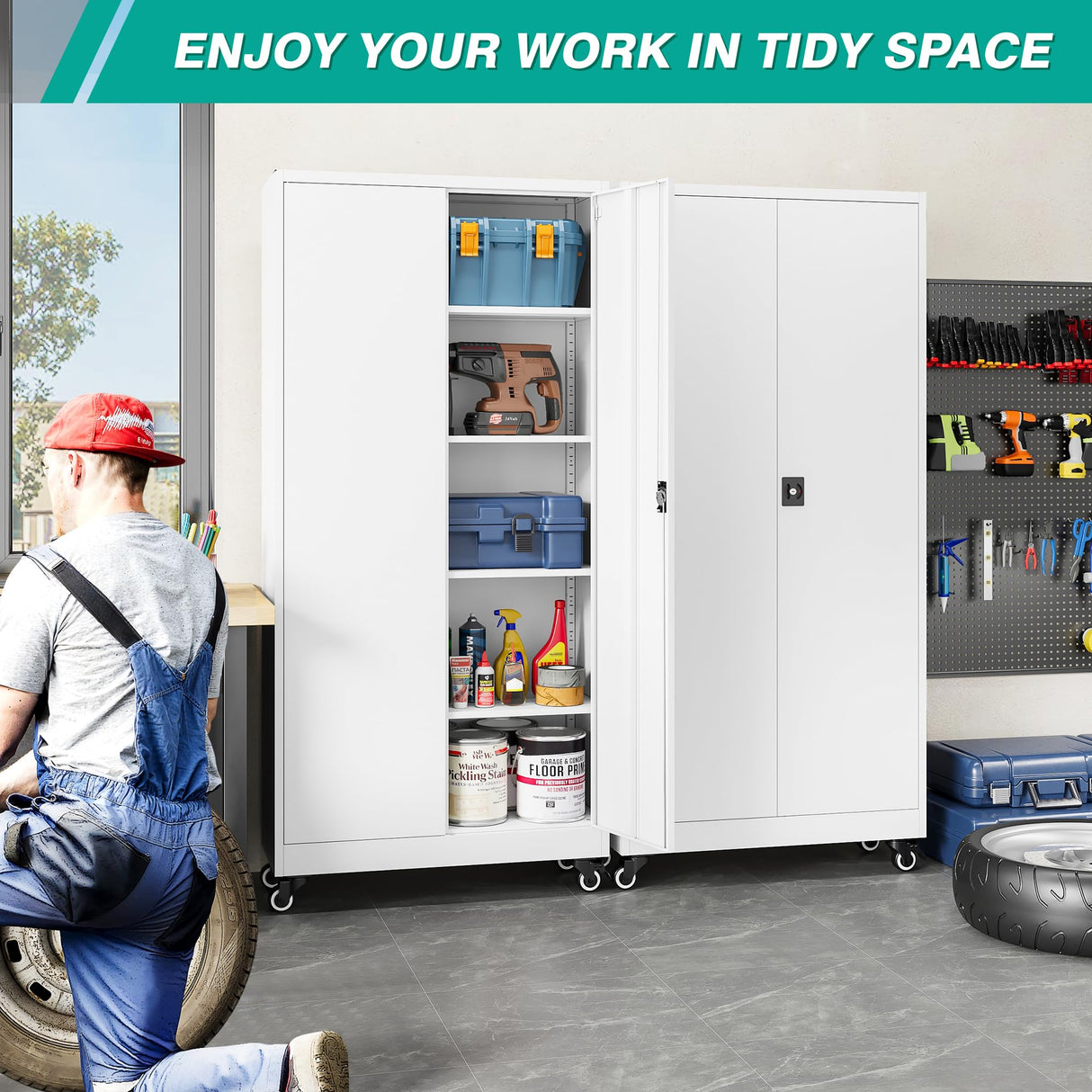 SISESOL Metal Storage Cabinet with Wheels,75 inch Rolling Garage Storage Cabinet with Lock,White Metal Cabinets with Wheels and Shelves,Tool Cabinets on Roller for Garage,Home,Office,Shop SISESOL