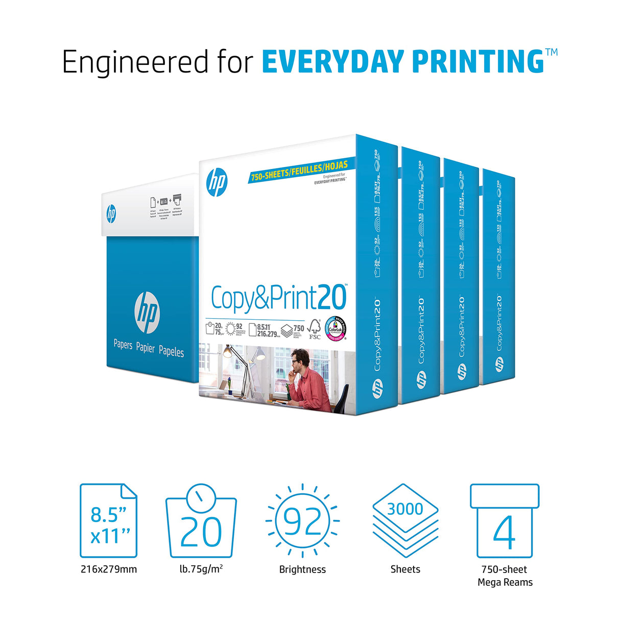 HP Printer Paper | 8.5 x 11 Paper | Copy &Print 20 lb | 4 Bulk Pack Case - 3000 Sheets | 92 Bright | Made in USA - FSC Certified | 200030C HP