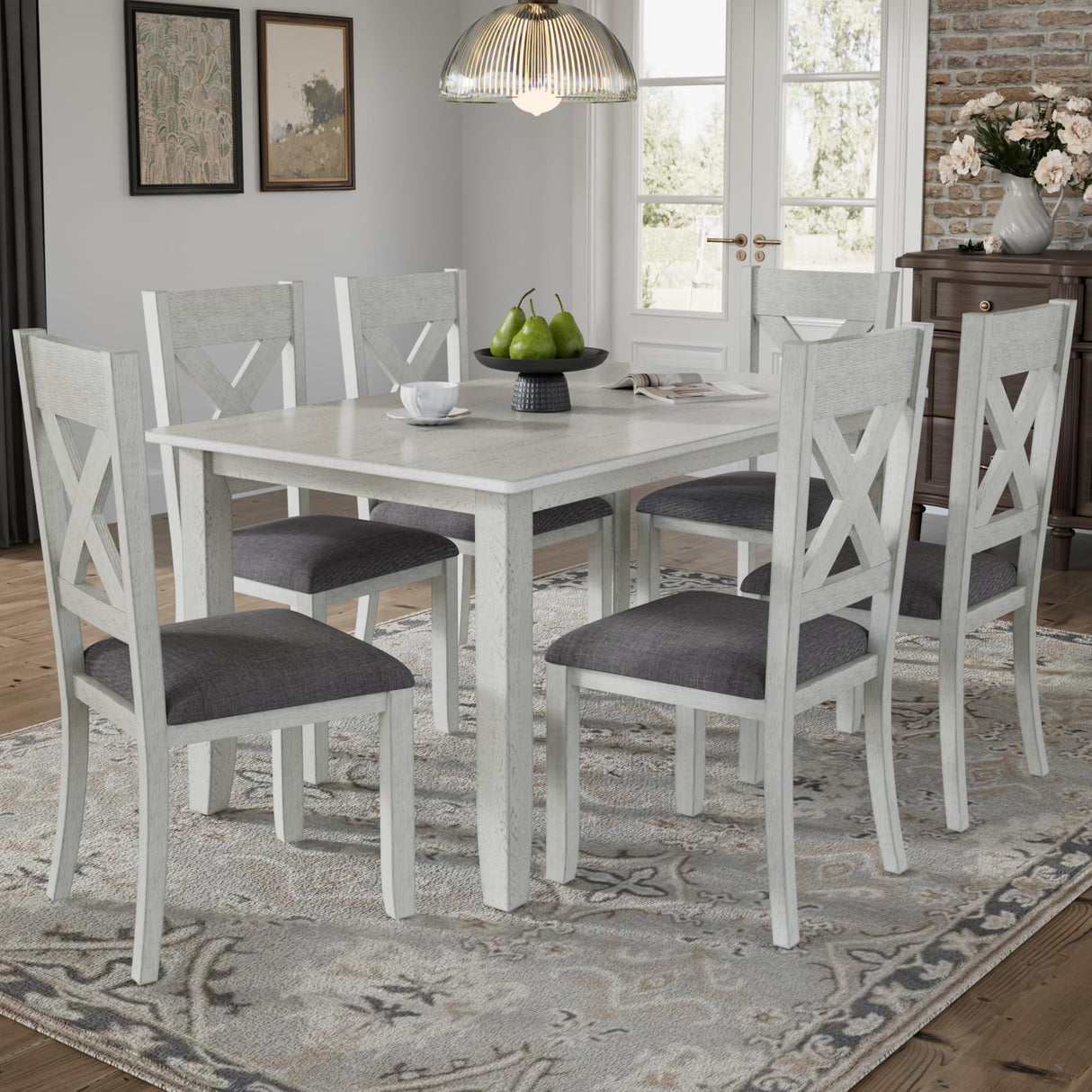 VECELO Peatuk 6-Piece Solid Wood Dining Table Set for 6, Modern Breakfast Dinette Kitchen Table with Chairs for Dining Room, Kitchen, Grey Peatuk