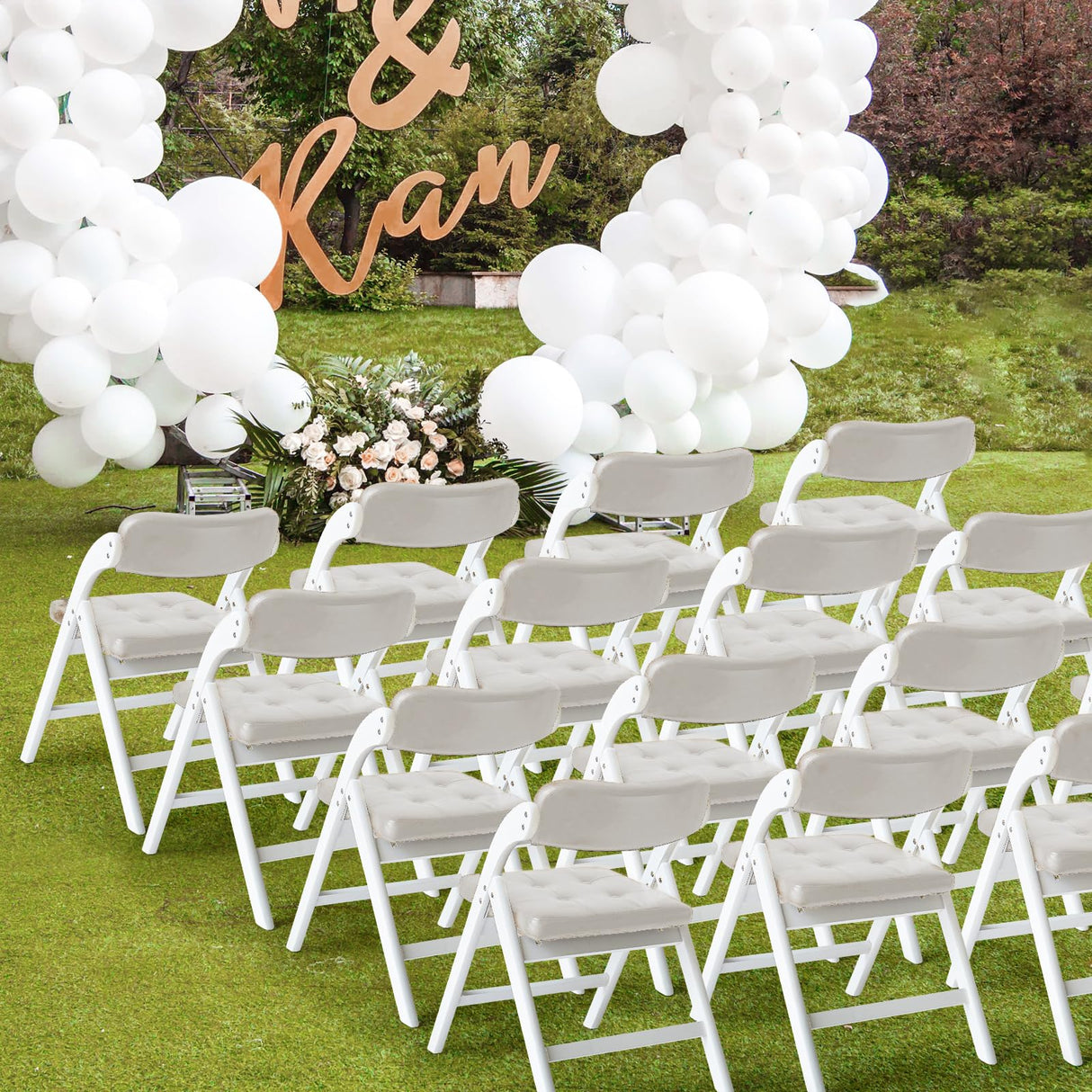 Asnefeli Wood Folding Chairs with Padded Seats, Wooden Folding Chairs Set of 2, Foldable Dining Chair with Cushion, Stackable Extra Chair for Indoor Outside Events, Party, Wedding (White Gray) Asnefeli