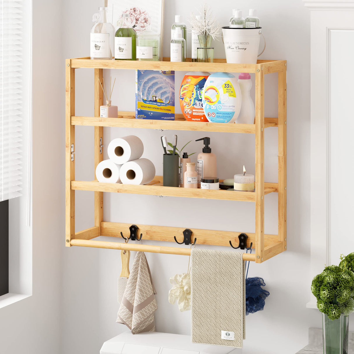 AMBIRD 3-Tier Bamboo Bathroom Shelf with Adjustable Height and Hooks AMBIRD