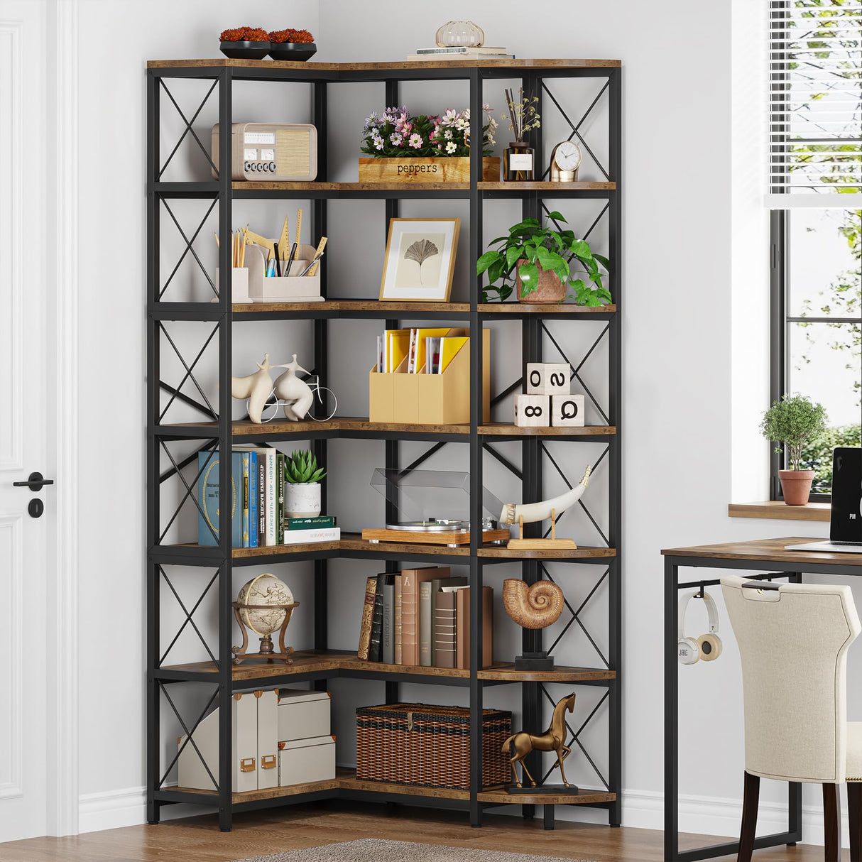 Condemo 7-Shelf Reversible Corner Bookshelf, Modern Industrial Tall Bookcase, 7-Tier Large L-Shaped Storage Shelf Display Rack with Metal Frame for Living Room, Home Office, Bedroom, Rustic Brown Condemo