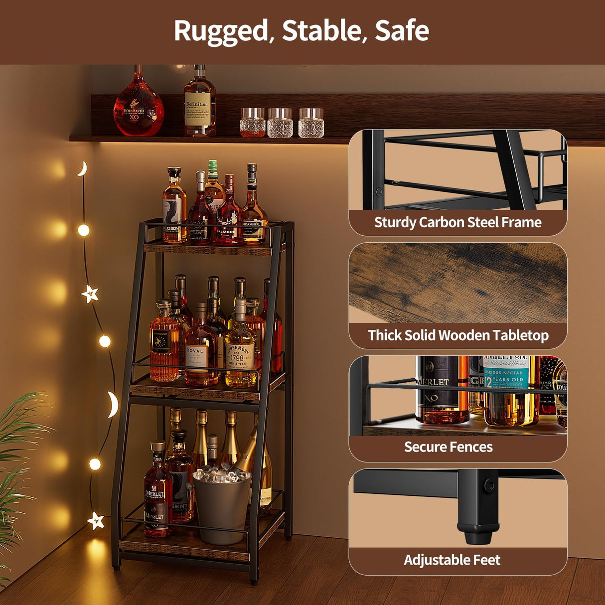 Nuovoware 3-Tier Stepped Liquor Cabinet Mini Bar, Wine Rack Freestanding Floor for Whiskey, Corner Liquor Bottle Display Shelf with Fences and Slide Drawer for Home Kitchen Dining Living Room, Black Nuovoware