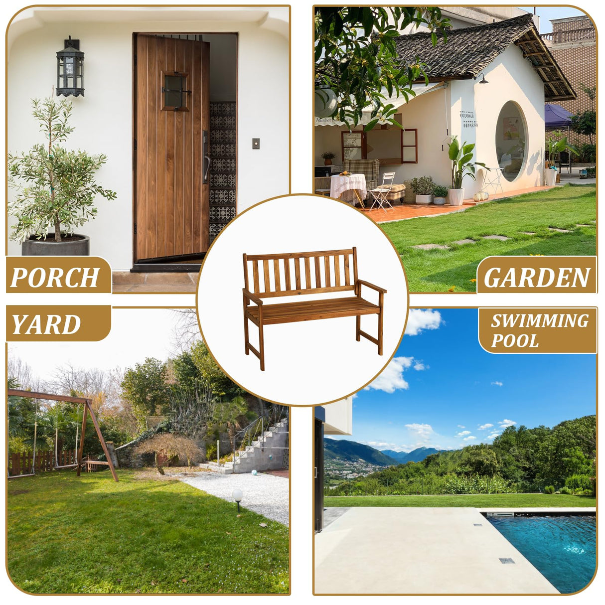 Yewuli 2-Person Outdoor Acacia Wood Bench with Backrest and Armrests Yewuli