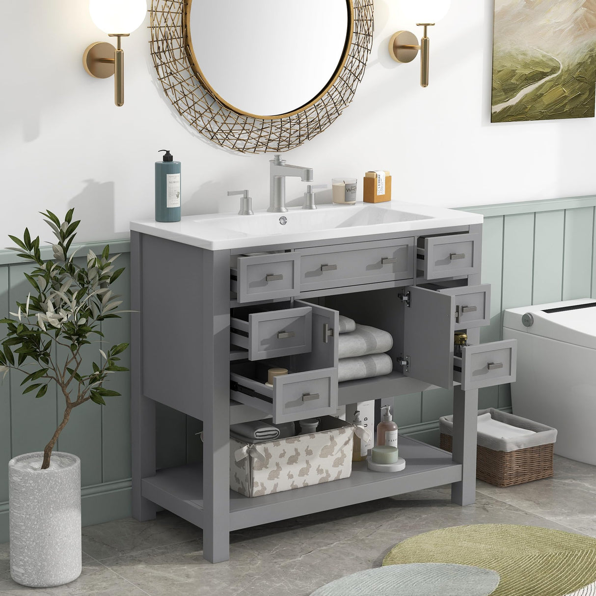 Merax 36'' Bathroom Vanity with Single Sink Combo, Modern Bathroom Sink Cabinet with 2 Soft Closing Doors & 6 Drawers & Opening Shelf, Solid Wood Frame Bathroom Vanities (Grey) Merax