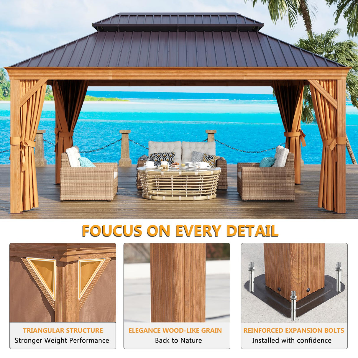 Jolydale 12' x 16' Gazebo, Wooden Finish Coated Aluminum Frame Canopy, Galvanized Steel Double Top, Outdoor Permanent Metal Pavilion with Privacy Curtains and Netting, for Patio, Deck and Backyard Jolydale