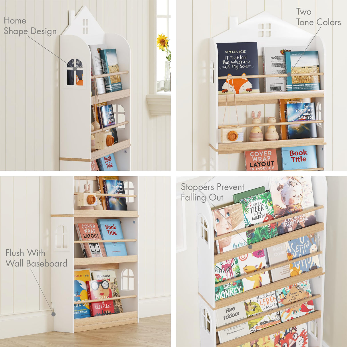 UTEX Kids Bookshelf Wall Mounted, 4-Tier Book Shelf Organizer, Tall Wooden Children's Bookcase, Storage Book Rack for Kids Room, Nursery, Bedroom, Living Room, White UTEX