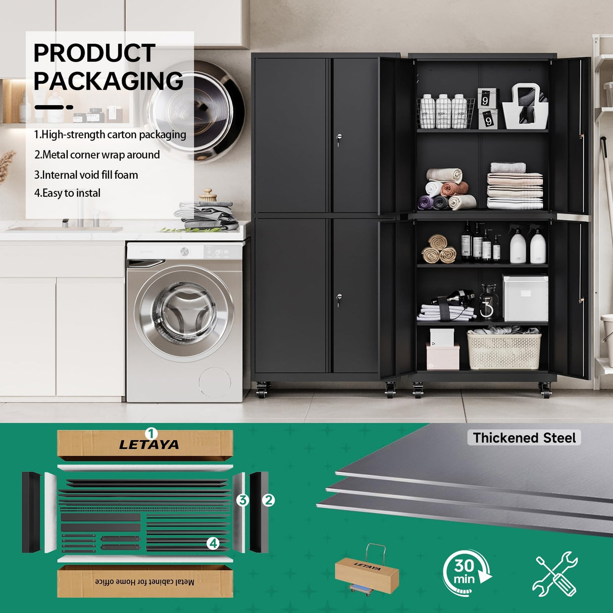 Letaya Metal Garage Storage Cabinet with Wheels,Steel Tool Rolling Cabinets with Lock Door and Adjustable Shelves fro Home Utility Organization Room(1PC-Black) Letaya