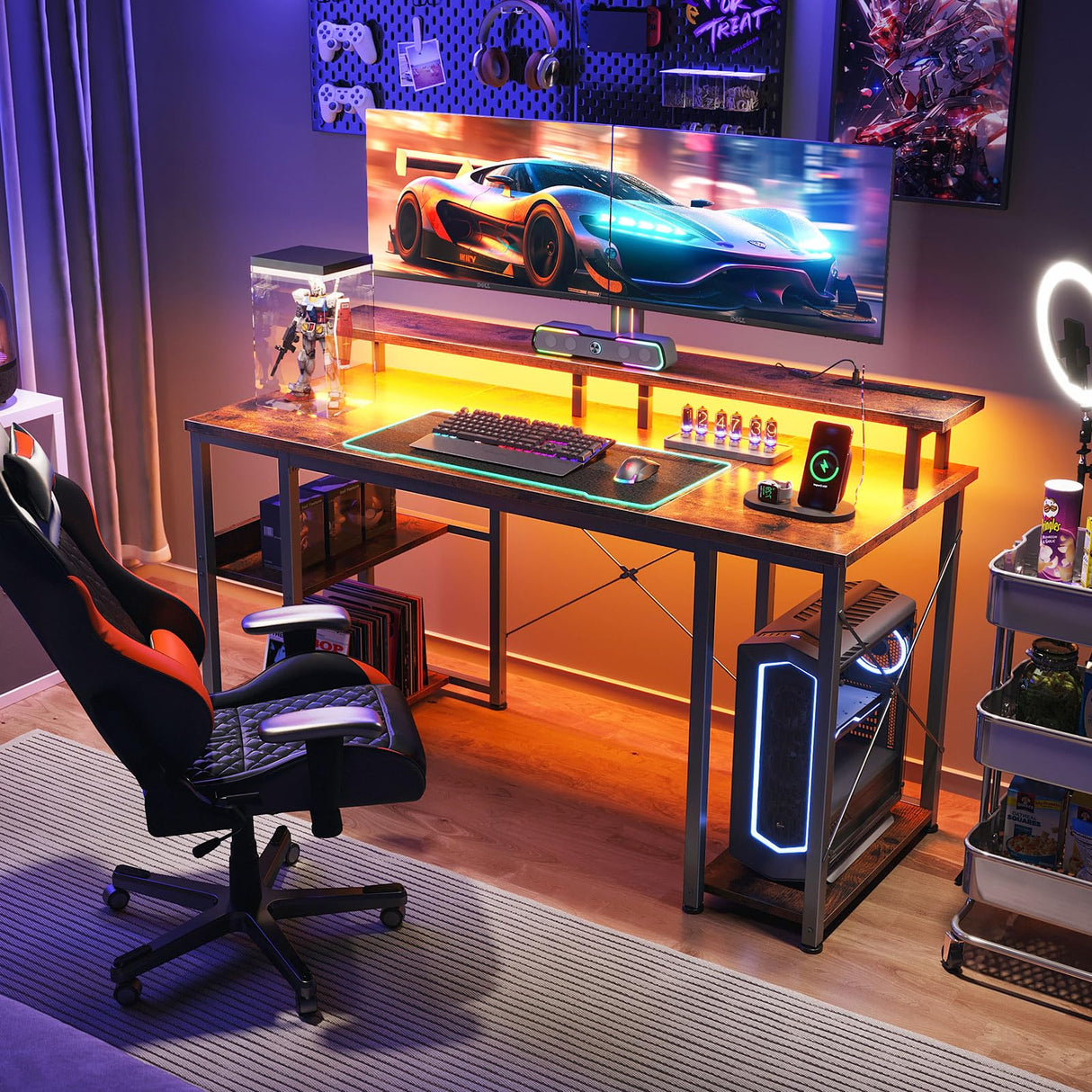 ODK 48 inch Gaming Desk with LED Lights & Power Outlets, Computer Desk with Monitor Stand & Storage Sheves, CPU Stand, Home Office Desk, Vintage ODK