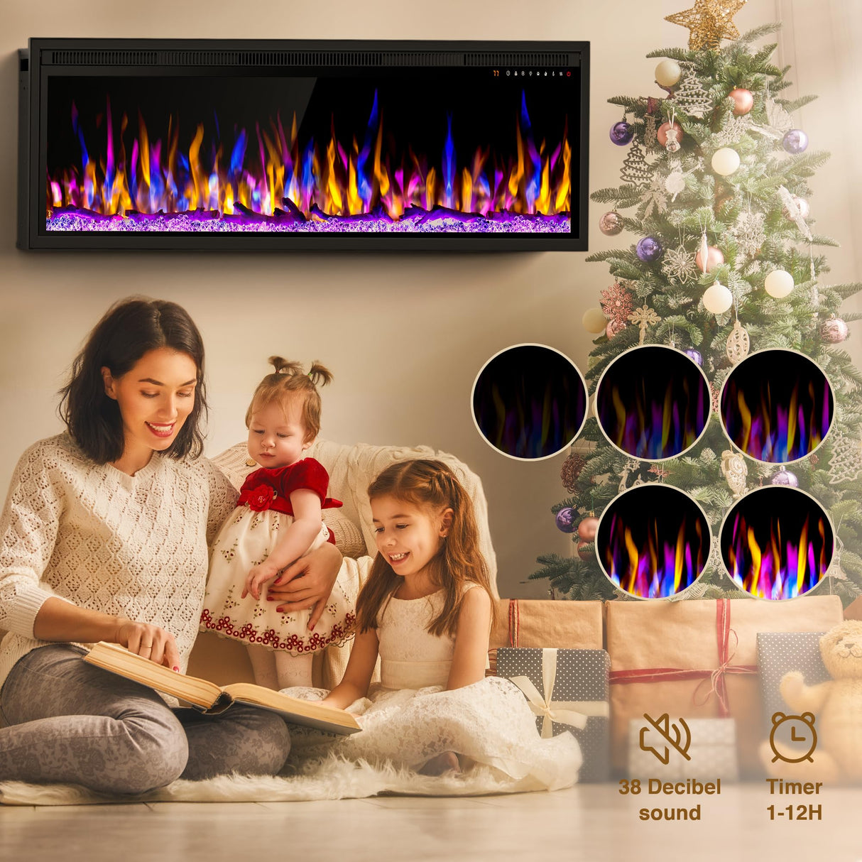 Smart 60" WiFi-Enabled Electric Fireplace Heater, Recessed in-Wall and Wall-Mounted Linear Fireplace,Compatible with Alexa,13 Adjustable Flame Color and 5 Brightness,1500/750 Watt Heater,Black Alpaca