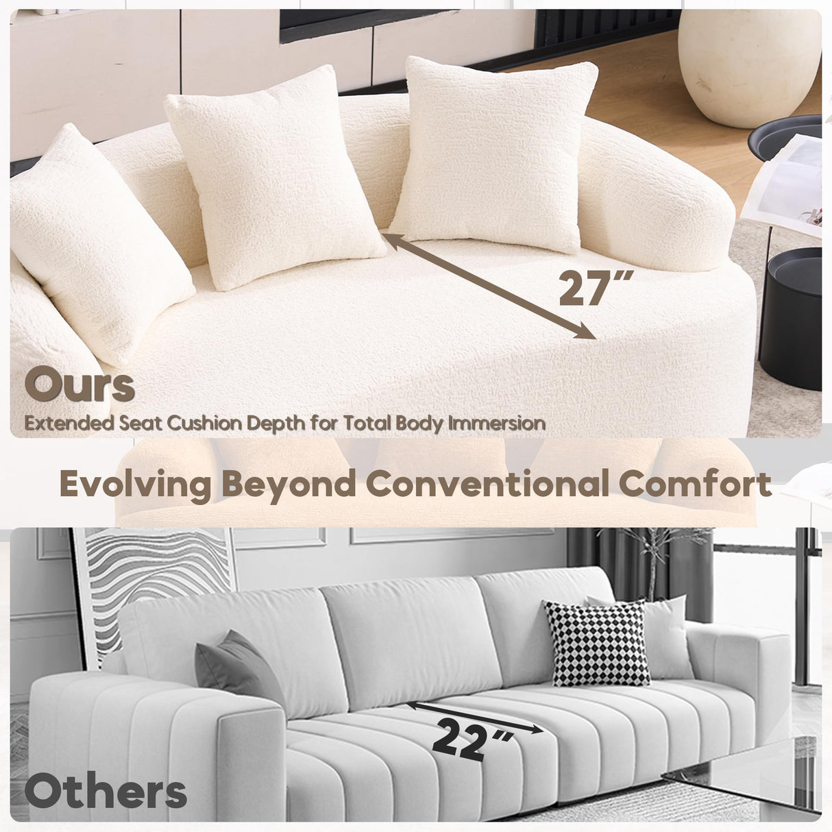 VYNELITO Loveseat Sectional Sofa for Living Room, 65" Modern Luxury Plush Chenille Sofa Extra Deep Seat Curved Cloud Floor Couch with 3 Throw Pillows for Small Spaces, Beige White VYNELITO