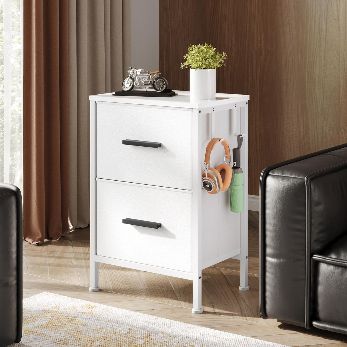 EKNKOZY Nightstand 2 Drawer Dresser, Set of 2 Vertical Side Table with Fabric Drawers and 2 Side Hooks, End Table, Bedside Table, Night Stand and Small Dresser for Bedroom, Hallway, Entryway, White EKNKOZY