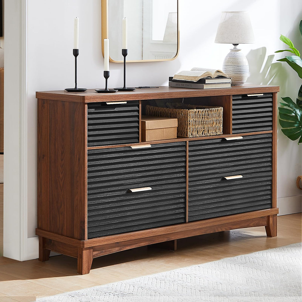 AOGLLATI Black Dresser for Bedroom with Slanted Louvre Design,Retro Chest of Drawers with Charging Station, Wooden Wide Led 6 Drawer Dresser for Bedroom,Living Room, Hallway, Black & Brown AOGLLATI