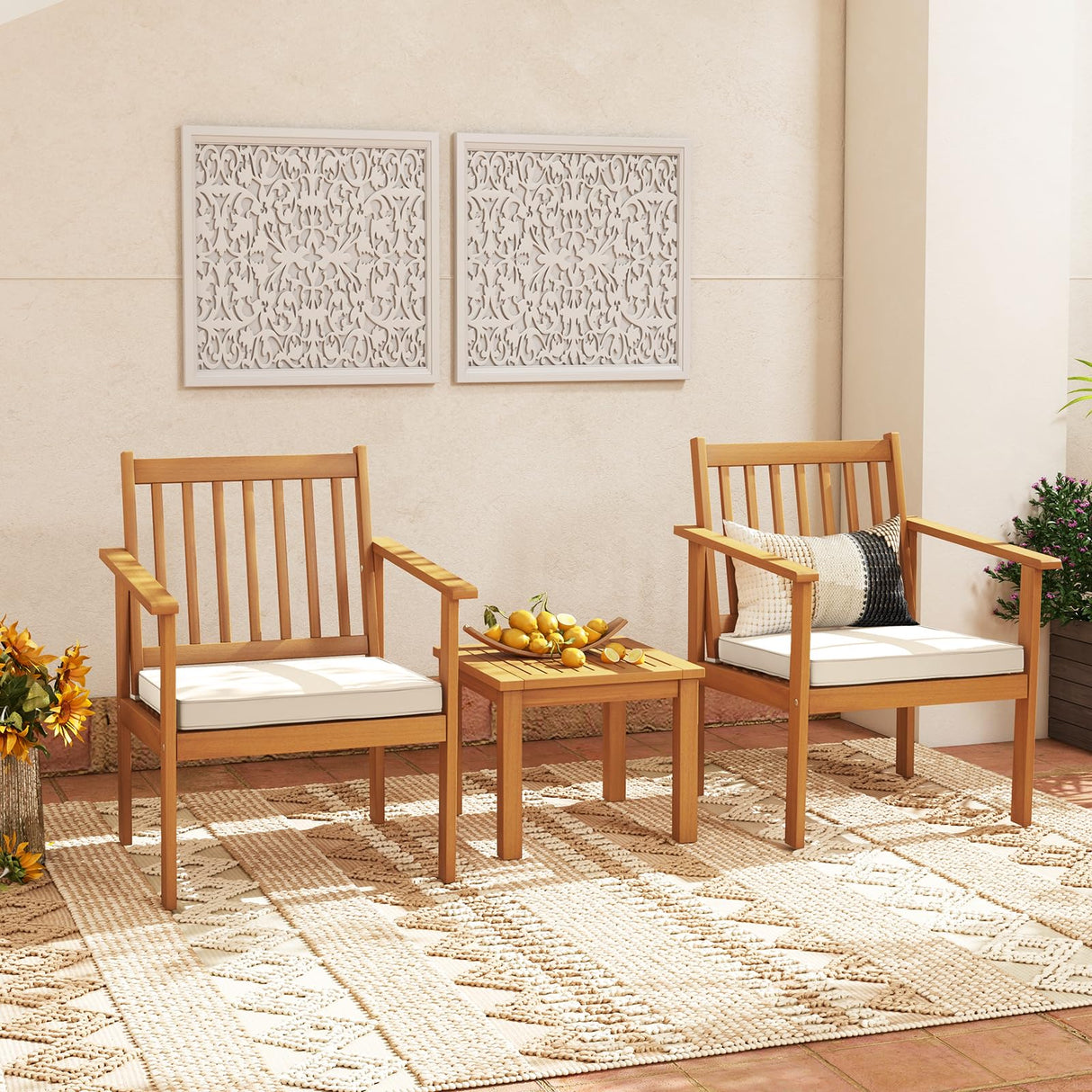 Tangkula 3 Pieces Patio Wood Furniture Set, Acacia Wood Chairs and Coffee Table Set with Soft Cushions, Slatted Design, Outdoor Furniture Set for Porch, Yard, Balcony (White) Tangkula