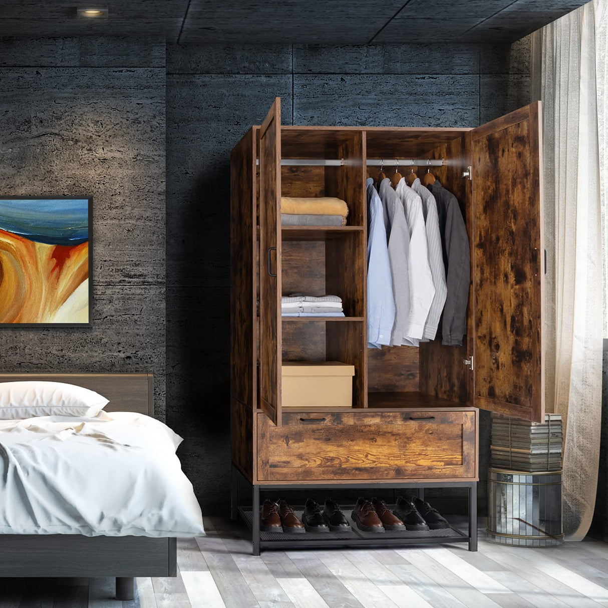 VINGLI Armoire, Wardrobe Closet with Hanging Rod, Bedroom 71" Freestanding Wardrobe Cabinet with Doors, Adjustable Shelves and Drawer, Open Compartment, Rustic Brown VINGLI