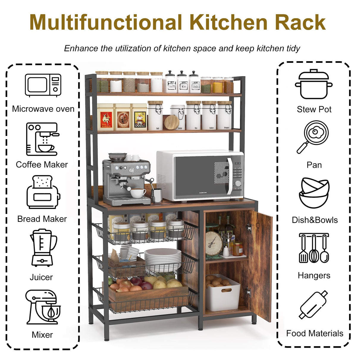 NAIYUFA Kitchen Bakers Rack with Baskets and Door,Industrial Microwave Oven Stand,Utility Storage Shelf,Free Standing Kitchen Utility Cart Storage Shelf Organizer with Hooks NAIYUFA