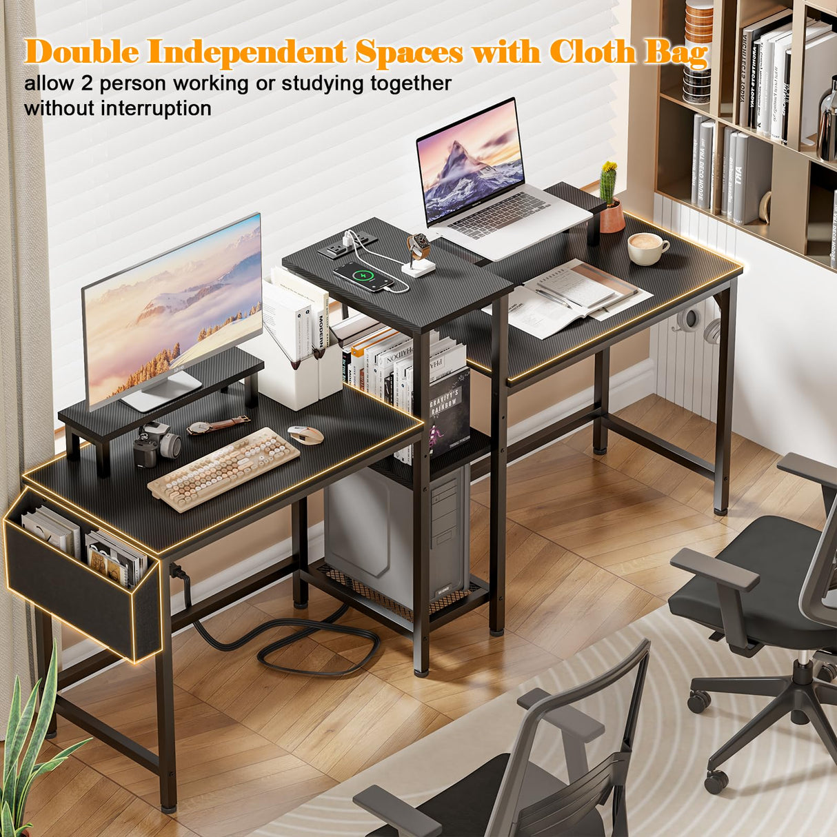 Furologee 2 Person Gaming Desk with LED Lights, 71 Inch Computer Desk with Power Outlets and Monitor Stand, Double Desk with Storage Bag and Headphone Hooks, Study Writing Table for Home Office, Black Furologee