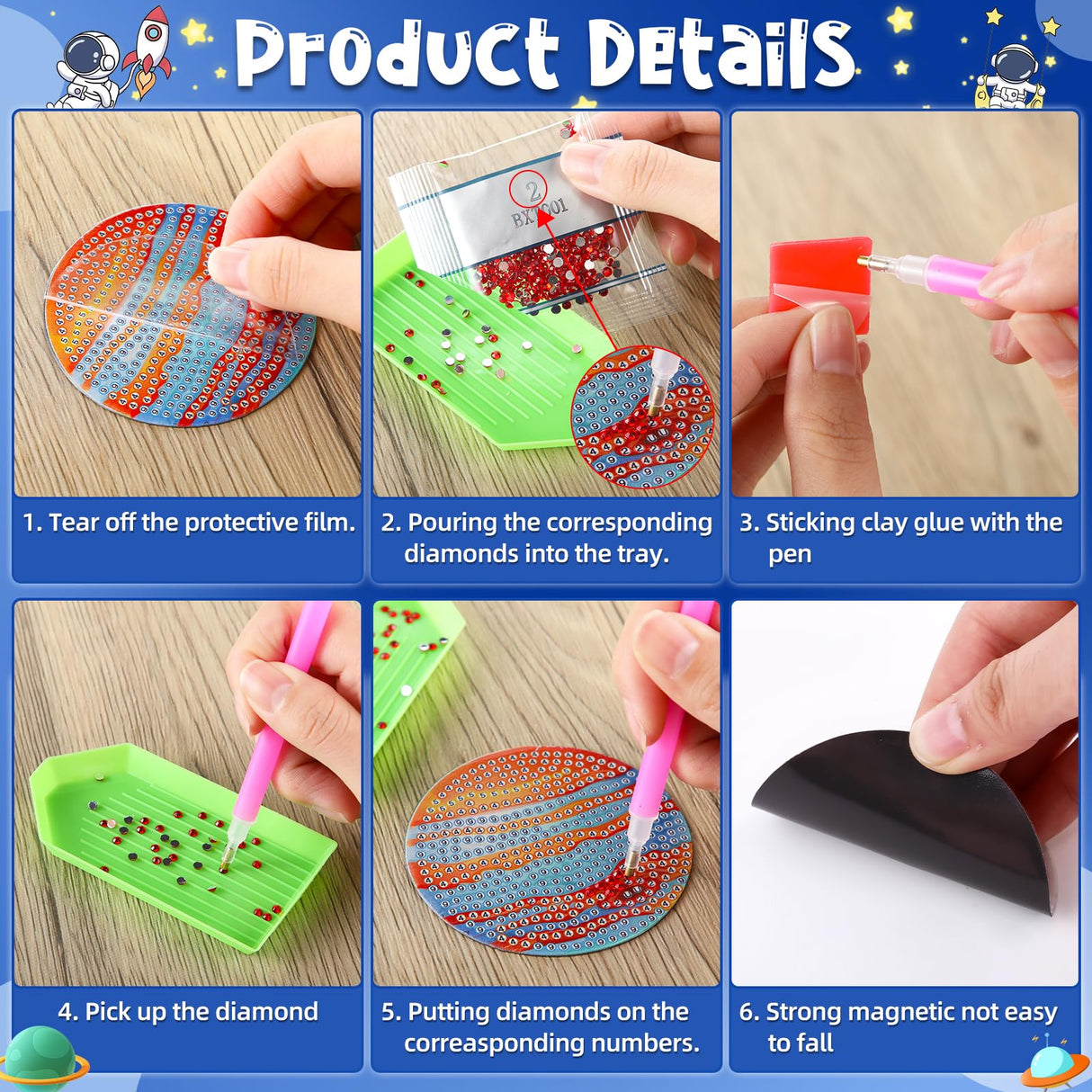 Saysurey 16 Pcs Diamond Art Magnet Kits Diamond Painting Refrigerator Magnets DIY for Adults Crafts Painting Stickers Kits for Gifts Home Decor (Planet) Saysurey