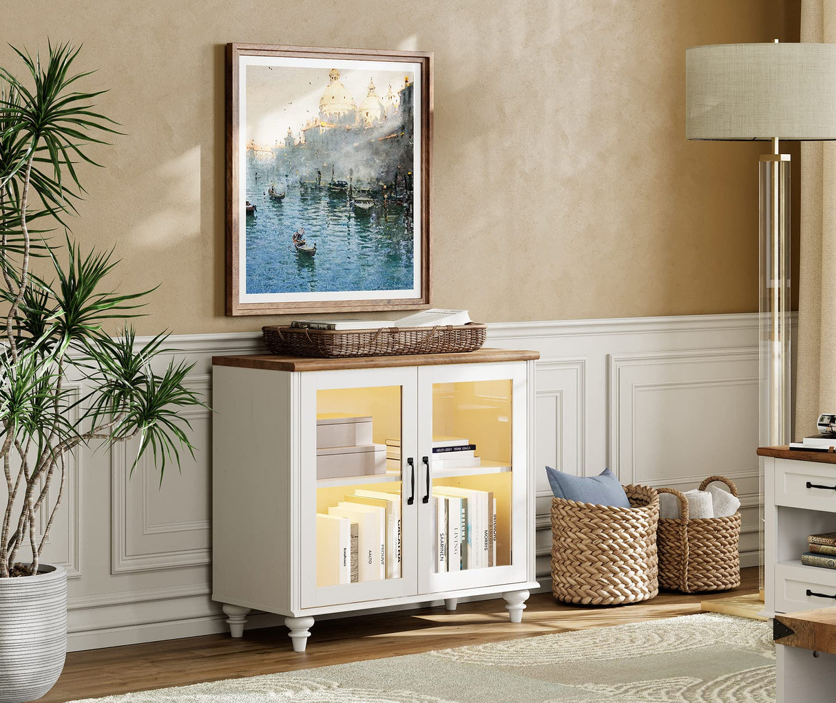 WAMPAT Kitchen Buffet Server Table with 6 Drawers & Storage Cabinet, Accent Sideboard Cupboard with LED Light, Console Table Living Room Dining Room, White & Brown WAMPAT