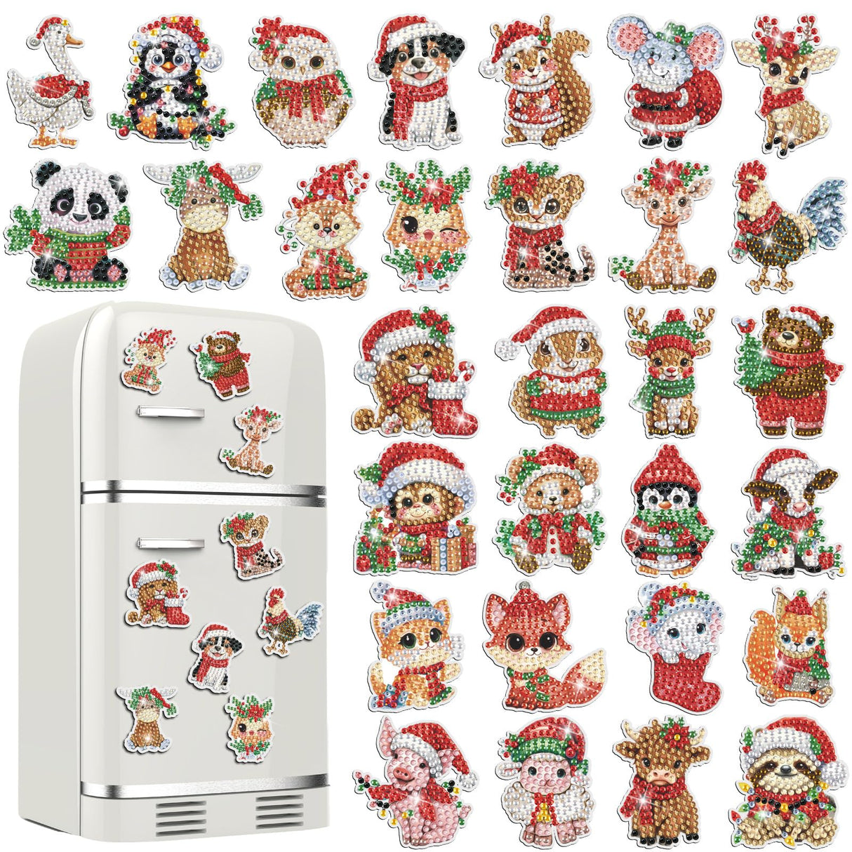 Xuhal 30 Pcs Christmas Diamond Painting Magnets Christmas Animal Diamond Art Magnet Kits for Adults Cute 5D Rhinestone Xmas Santa Hats Animal Refrigerator Magnetic Sticker for DIY Craft Fridge Gifts Xuhal