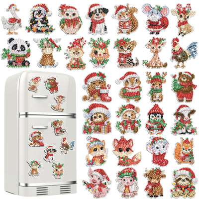 Xuhal 30 Pcs Christmas Diamond Painting Magnets Christmas Animal Diamond Art Magnet Kits for Adults Cute 5D Rhinestone Xmas Santa Hats Animal Refrigerator Magnetic Sticker for DIY Craft Fridge Gifts