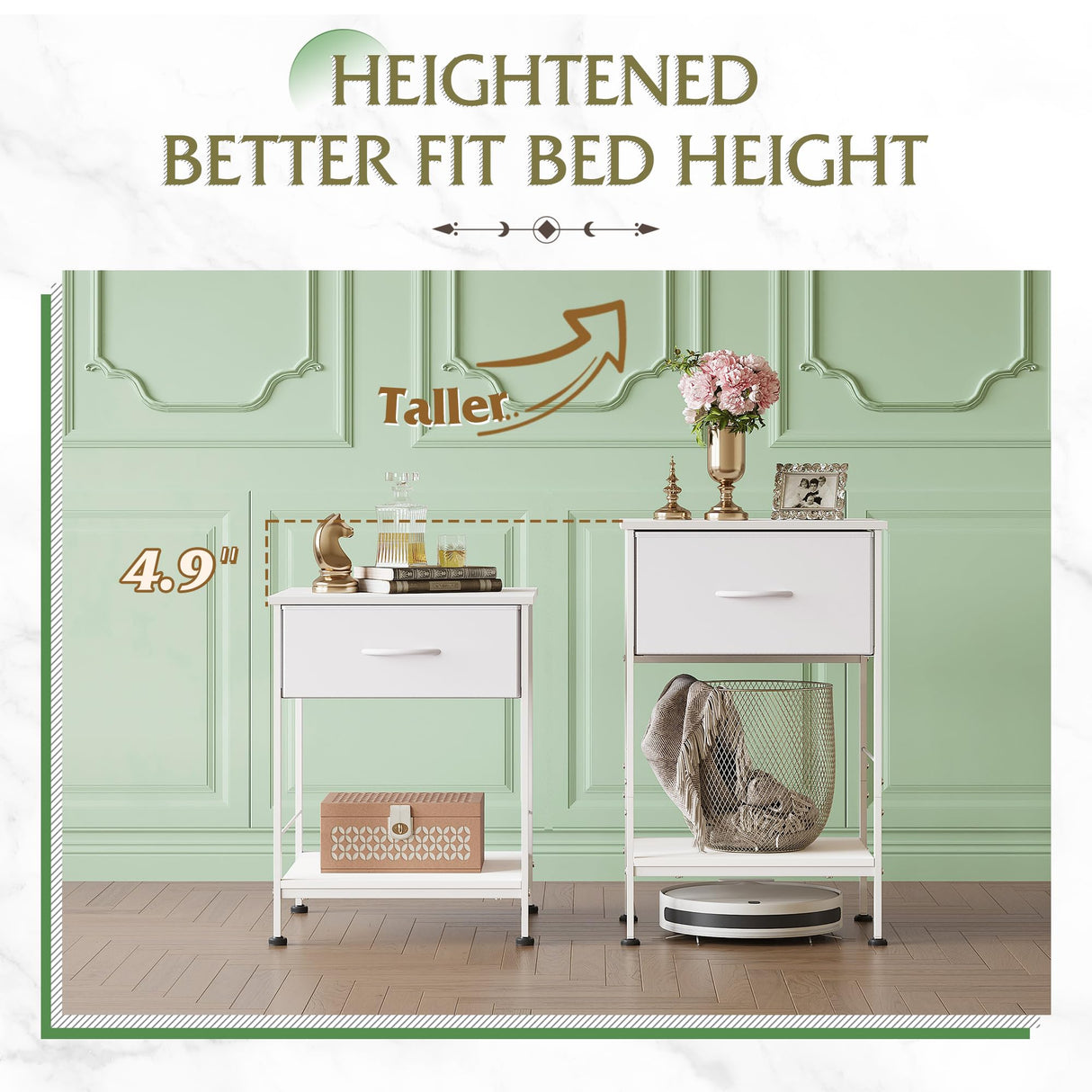 WLIVE Night Stand Set 2, White Nightstand with Fabric Storage Drawer and Open Wood Shelf, End Tables Dresser for Bedroom, Bed Side Table, Dorm, 25.03" Height WLIVE