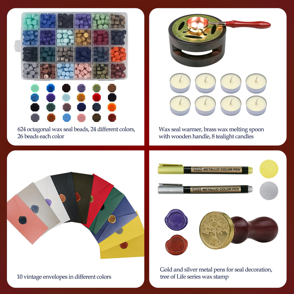 TRINIDa Wax Seal Kit, Premium Wax Seal Stamp Kit with 24 Colors 624 Pcs Beads, Metallic Pens, Warmer, Spoon and Tea Candles for Wedding Invitation, Letter Envelope, Gift Cards & DIY Crafts TRINIDa